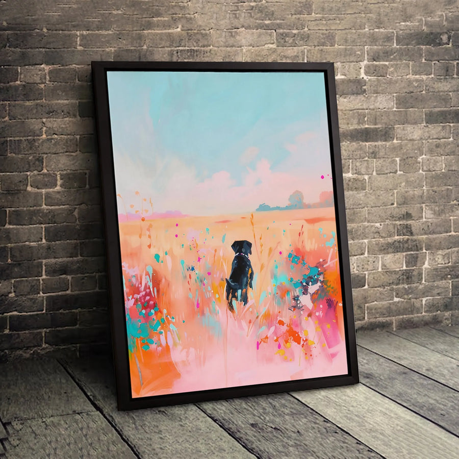 Black Dog Canvas Art | Abstract Wildflower Field Painting | Gallery Quality 1.25" Profile | Modern Pet Lover Gift Home Decor