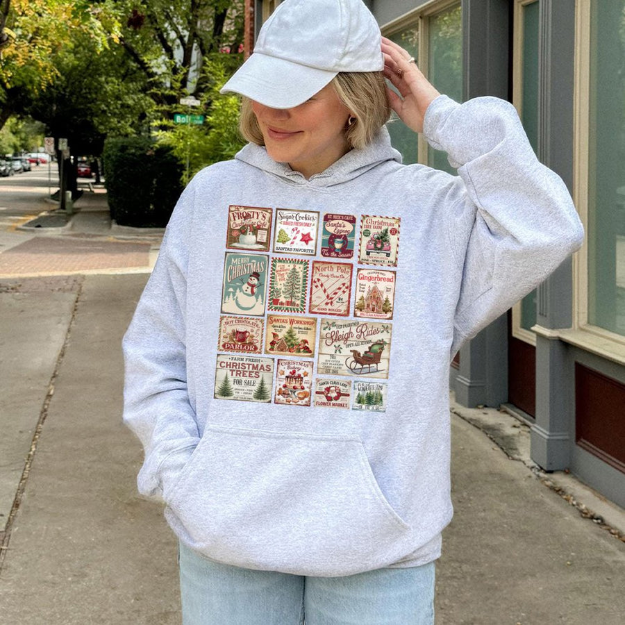 Vintage Christmas Hoodie | Retro Holiday Stamp Collage Graphic | Soft Cotton-Blend Pullover | Festive Gift For Christmas Lovers