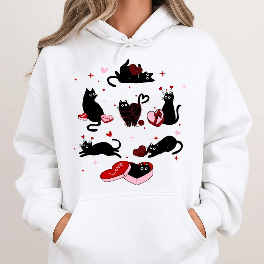 Valentine Black Cat Hoodie | Cute Heart Kitten Graphic Print | Premium Cotton-Blend Pullover | Romantic Cat Mom Gift for Valentine's Day