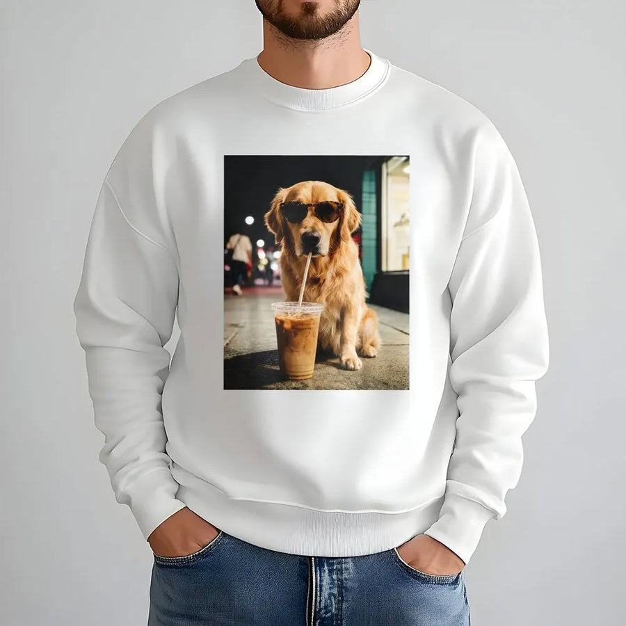 Golden Retriever Sweatshirt | Dog with Sunglasses Drinking Coffee Graphic | Premium Cotton Blend Sweatshirt | Funny Gift for Dog Lovers