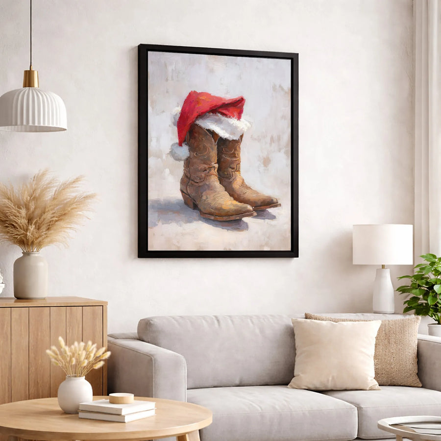 Western Cowboy Boots With Santa Hat Canvas Art | Rustic Christmas Holiday Decor | Gallery Quality Premium Print | Festive Farmhouse Wall Art Gift