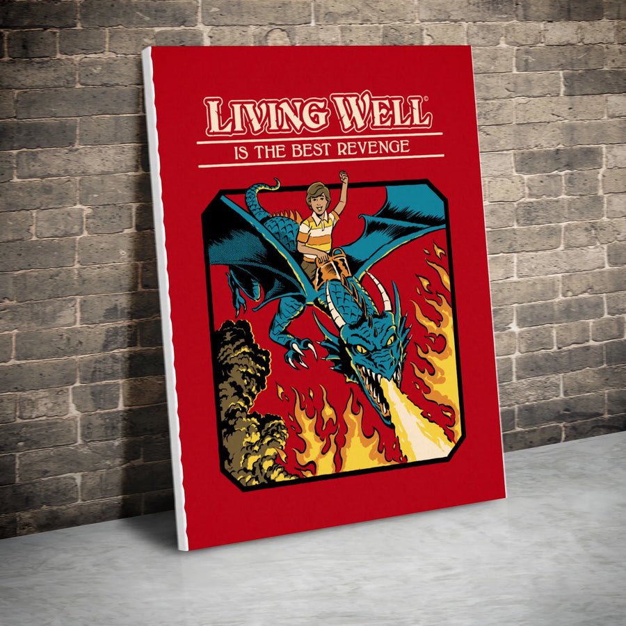 Living Well Is The Best Revenge Canvas | Vintage Dragon Rider Comic Art | Premium Fade-Resistant Print | Motivational Wall Decor Gift