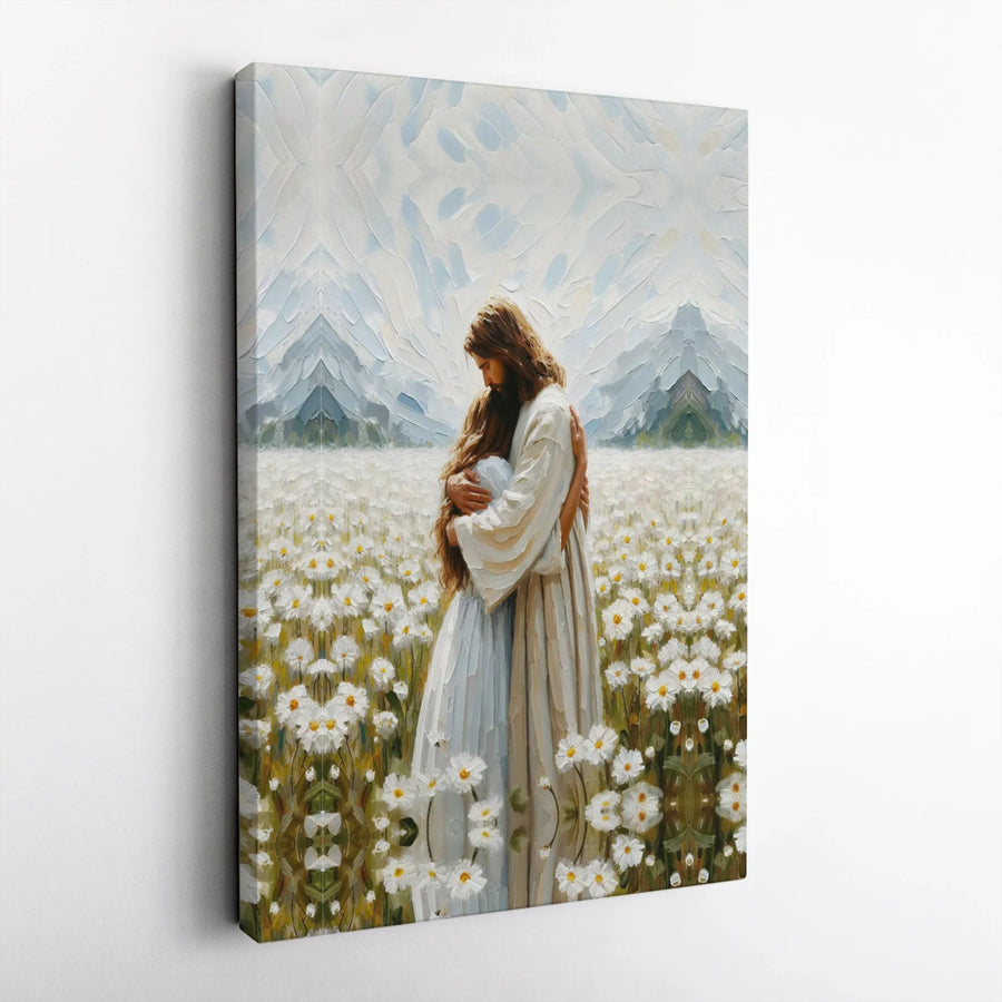 Jesus Embracing Woman Canvas Art | Oil Painting Style Daisy Field | Premium Gallery Wrap Wall Decor | Christian Gift for Home Office