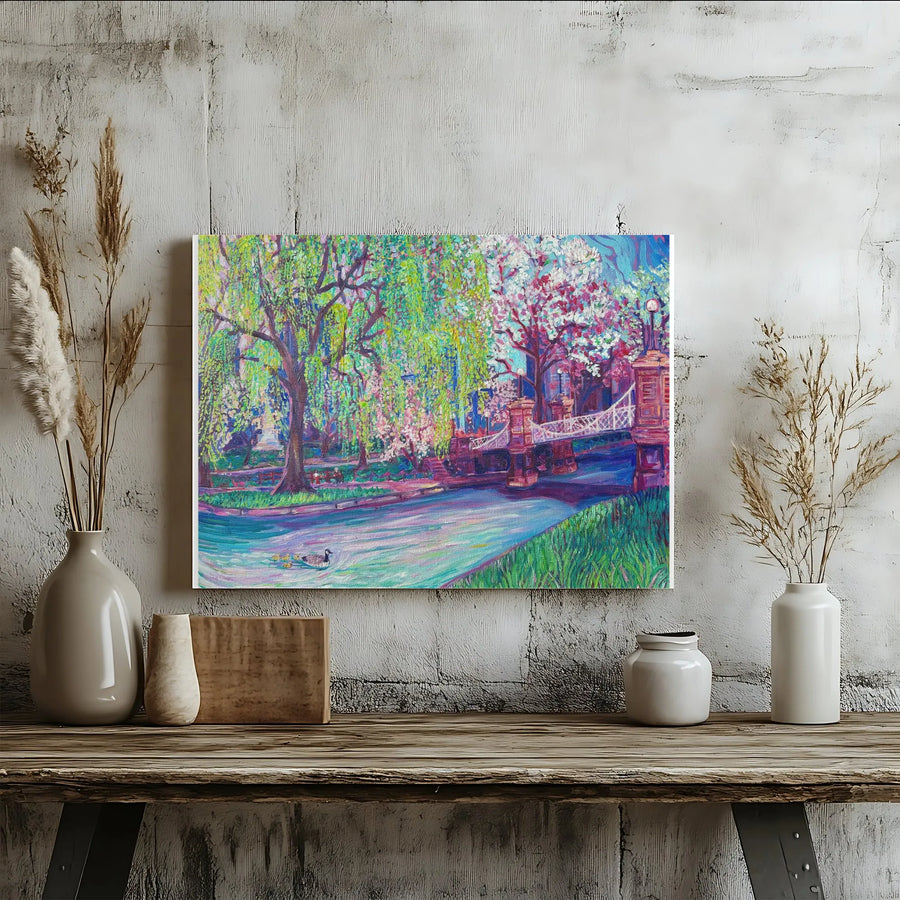 Boston Public Garden Canvas Wall Art | Impressionist Spring Bridge Painting | Premium Gallery Wrap Print | New England Home Decor Gift