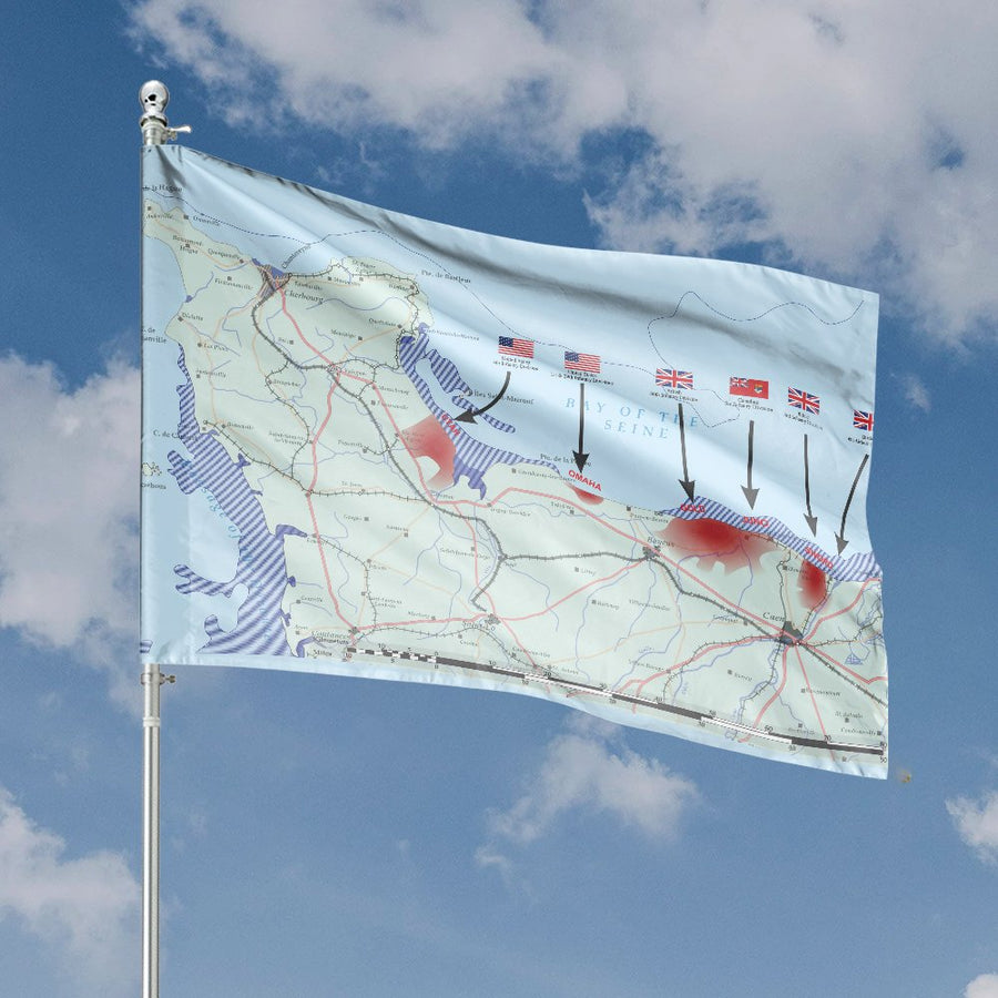 D-Day Landings Map House Flag | WWII Normandy Beach Invasion Decor | Premium Weather-Resistant Polyester | Gift for Military History Enthusiasts