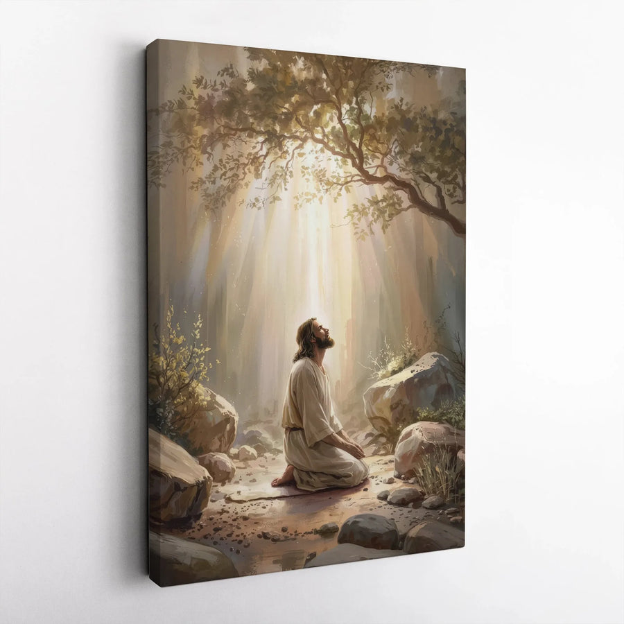 Jesus Kneeling in Prayer Wall Art | Divine Light Garden Forest Canvas | Gallery-Quality Christian Decor | Religious Home Gift for Believers