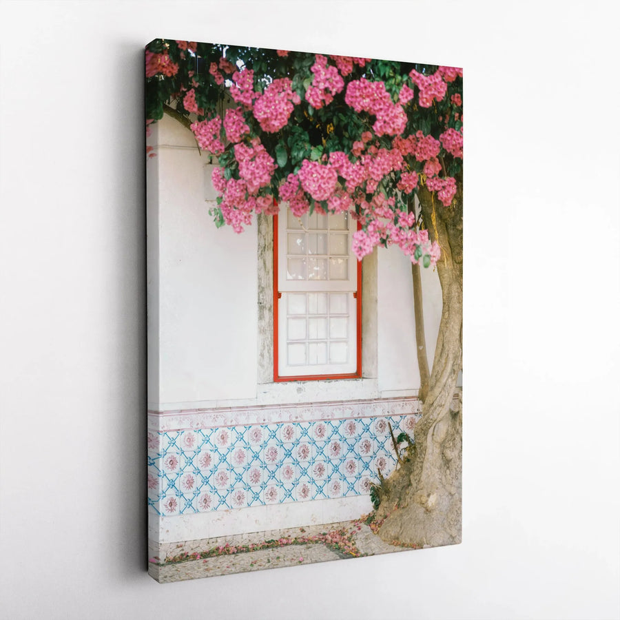 Lisbon Portugal Canvas Wall Art | Alfama District Pink Bougainvillea & Azulejo Tile Scene | Premium Fade-Resistant Print | European Home Decor Gift