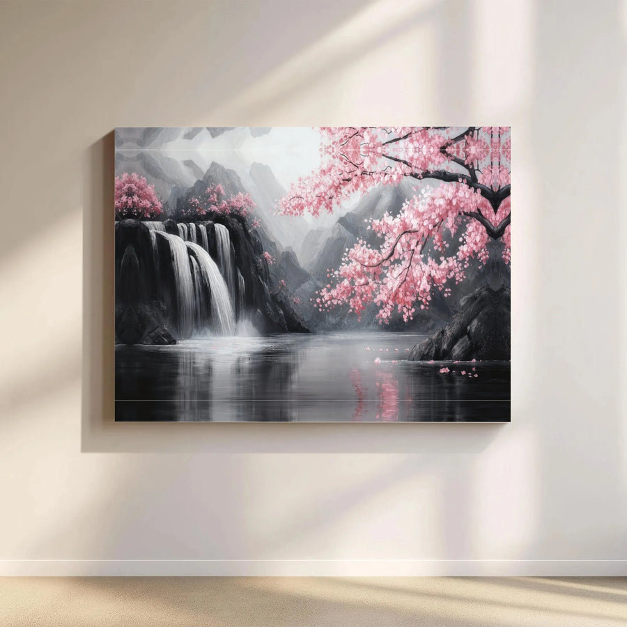 Japanese Cherry Blossom Canvas Wall Art | Pink Sakura Waterfall Landscape | Premium Thick Gallery Wrap | Modern Zen Home Decor Gift