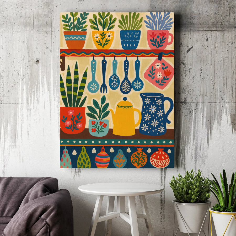 Folk Art Kitchen Wall Art | Colorful Potted Plants and Utensils Illustration | Premium Gallery Wrap Canvas | Whimsical Home Decor Gift