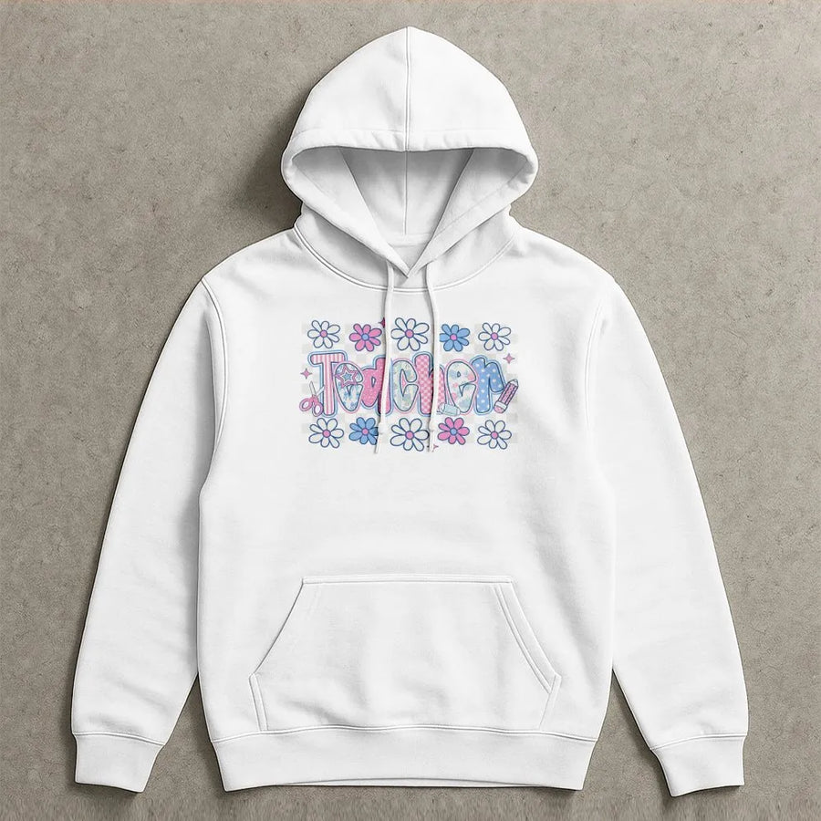 Coquette Teacher Hoodie | Cute Pastel Floral Graphic | Soft Cotton Blend | Preppy Back to School Gift for Teachers