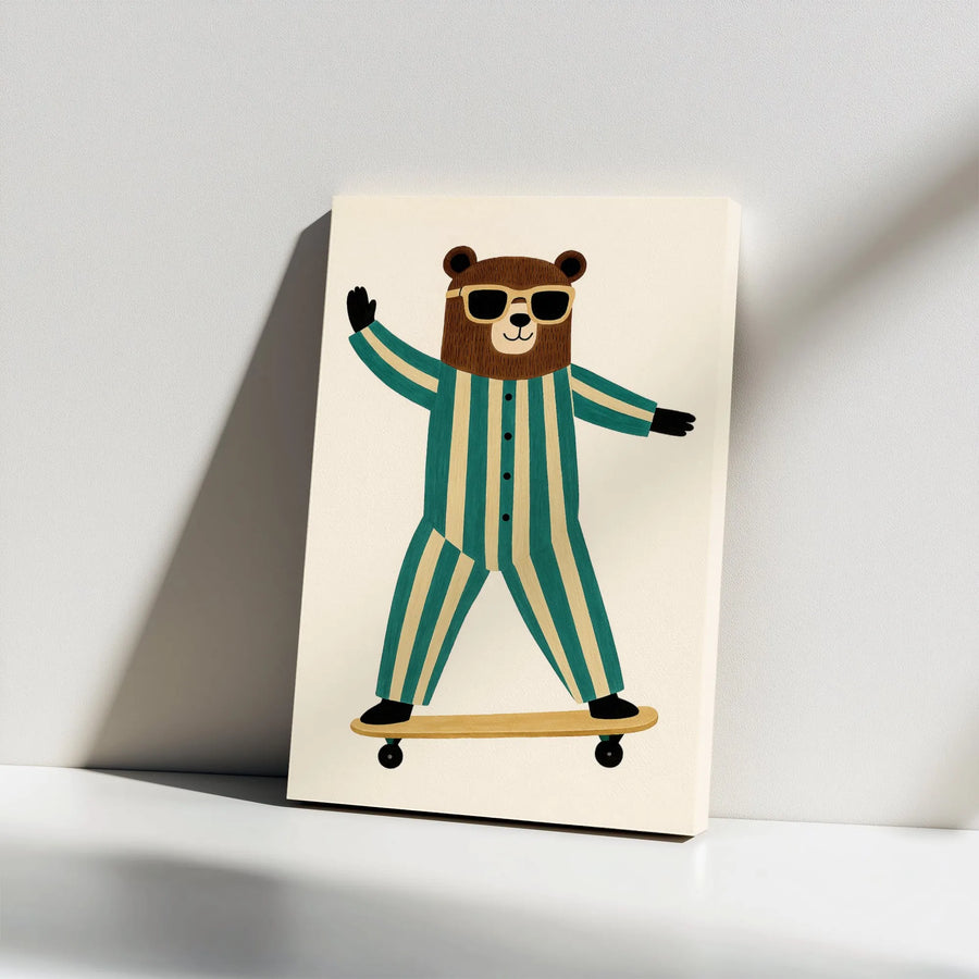 Skateboard Bear Wall Art | Whimsical Animal in Striped Pajamas | Premium Gallery Wrapped Canvas | Nursery Decor or Quirky Office Gift