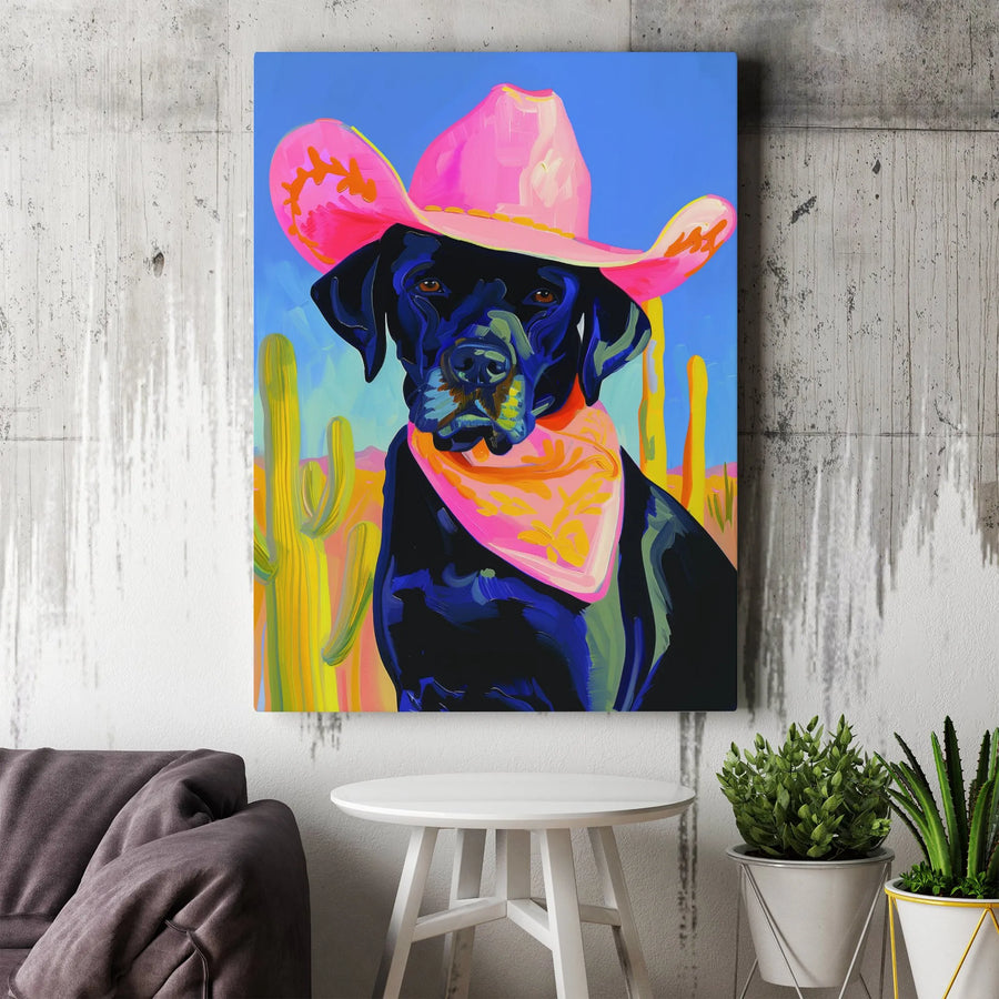 Black Labrador Canvas Wall Art | Pink Cowboy Hat Western Decor | Premium Fade-Resistant Print | Quirky Dog Lover Gift Idea