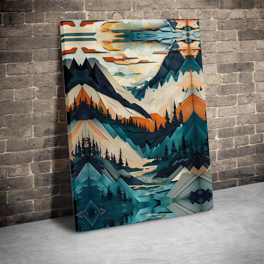 Abstract Mountain Landscape Canvas Art | Geometric Pine Tree & River Print | 1.25-Inch Gallery Wrap | Modern Nature Wall Decor for Home