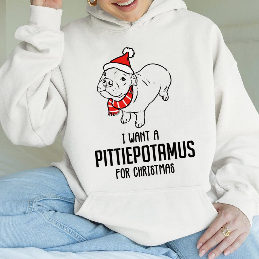 I Want A Pittiepotamus Christmas Hoodie | Funny Pitbull Puppy Holiday Sweater | Cotton Blend Premium Sweatshirt | Gift For Pittie Mom Dog Lovers