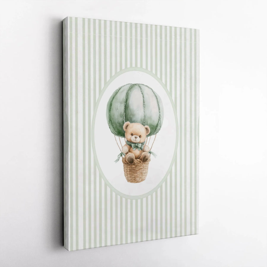 Watercolor Teddy Bear Wall Art | Green Hot Air Balloon Print | Premium Gallery Wrap Canvas | Nursery Decor or Baby Shower Gift