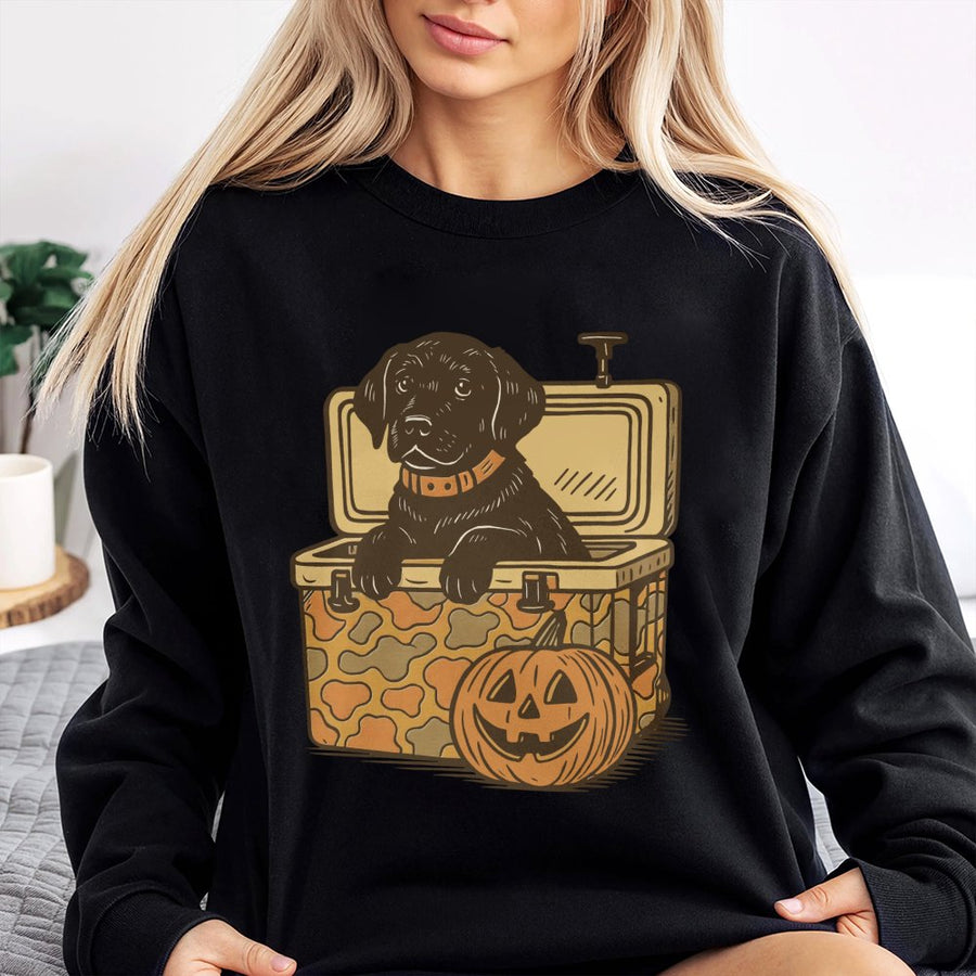 Black Lab Halloween Sweatshirt | Camo Cooler Hunting Dog Graphic | Premium Cotton Blend | Gift for Dog Lovers and Outdoor Enthusiasts