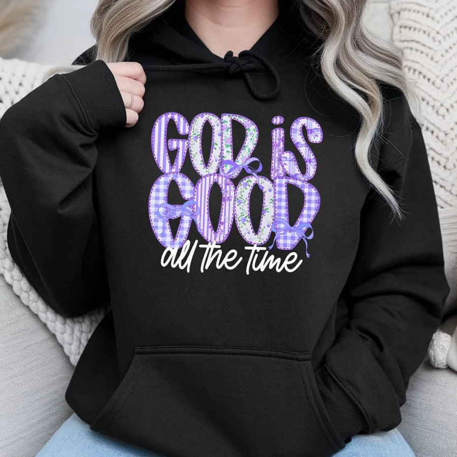 God Is Good Hoodie | Purple Patchwork Floral Lettering | Premium Soft Cotton Tee | Inspirational Christian Gift for Women