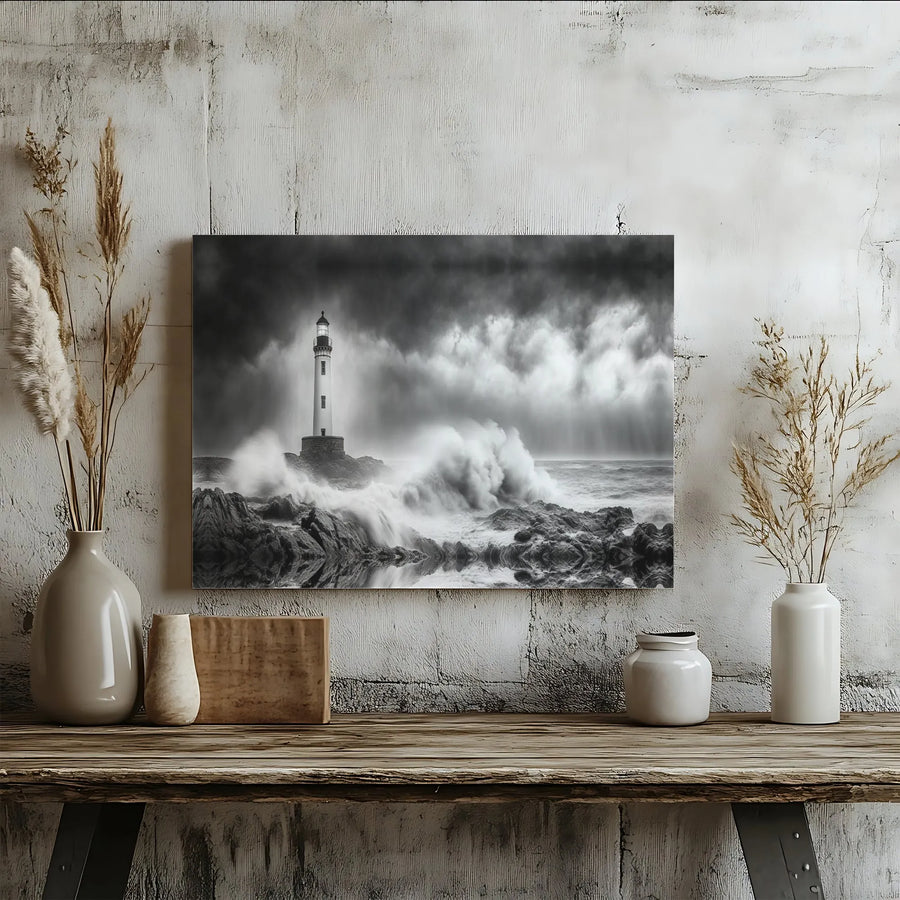Lighthouse Canvas Wall Art | Stormy Ocean Crashing Waves Print | Premium Gallery Wrap Decor | Coastal Nautical Gift for Home Office