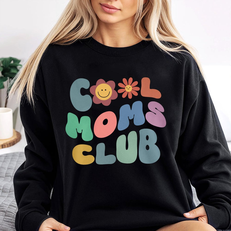 Cool Moms Club Sweatshirt | Retro Wavy Text Smiley Flower Design | Soft Cotton Blend Crewneck | Trendy Mother's Day 2026 Gift for Mom