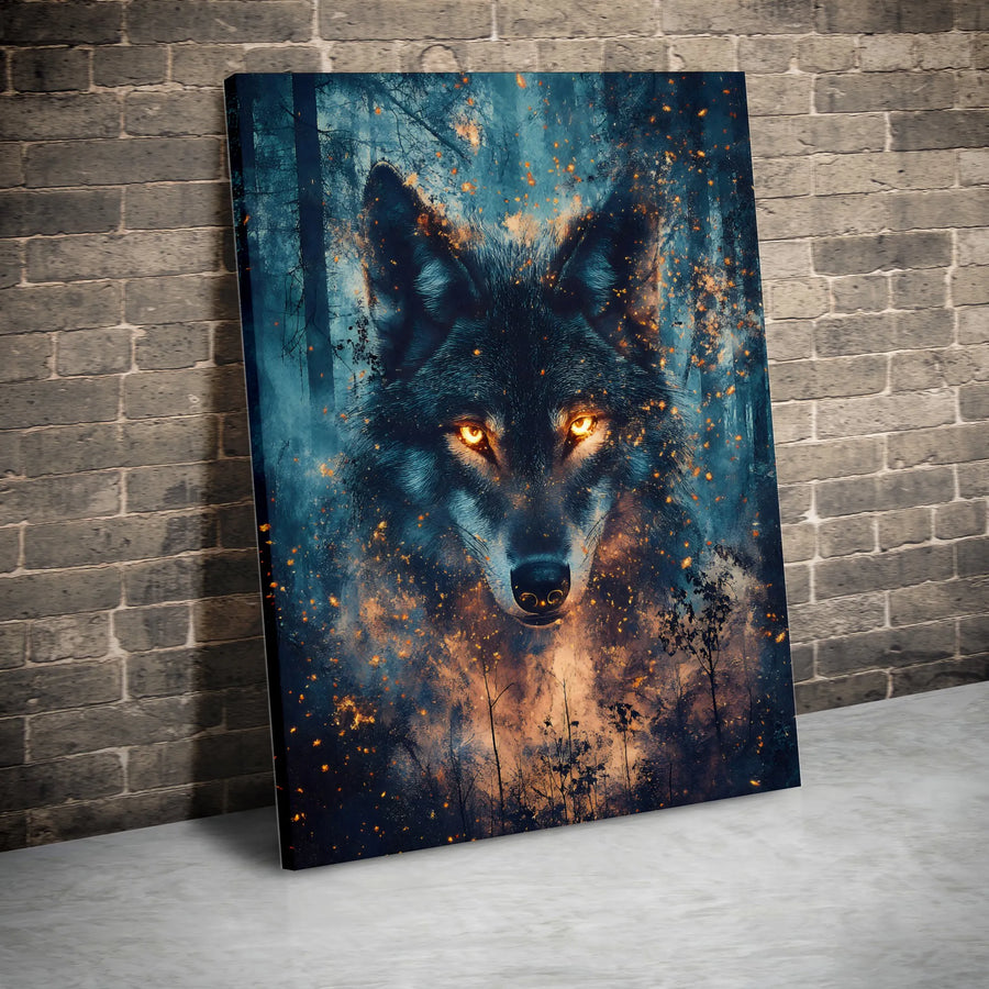 Mystical Wolf Wall Art | Glowing Fire Eyes Forest Canvas | Gallery Quality 1.25-inch Profile | Wildlife Nature Decor Gift for Wolf Lovers