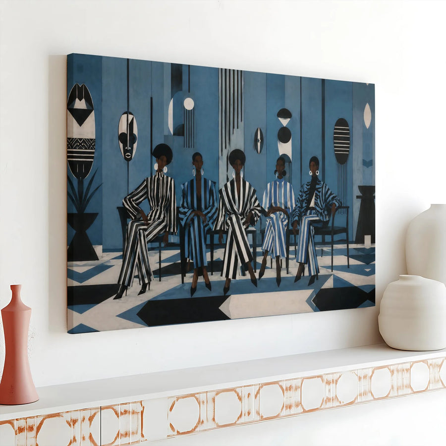 Black Fashion Women Horizontal Canvas | Modern African Blue & Black Stripes Wall Art | Premium 1.25" Gallery Wrap | Elegant Living Room Decor Gift
