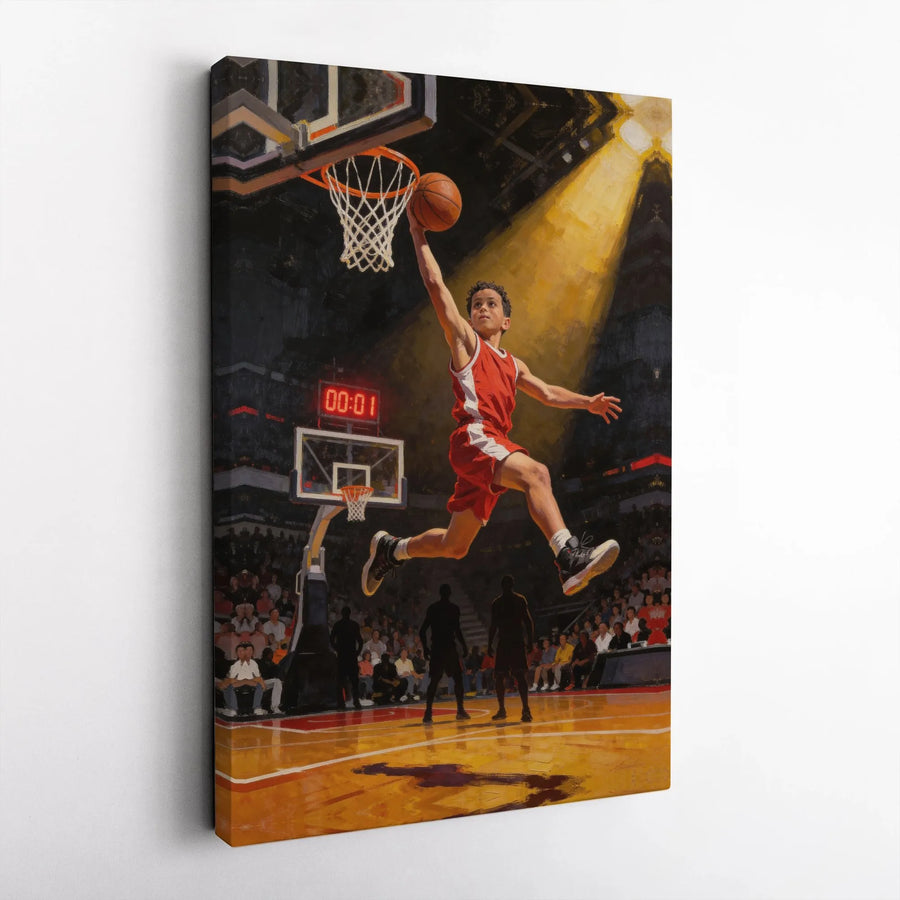 Basketball Player Canvas Wall Art | Buzzer Beater Slam Dunk Painting | Premium Gallery Wrap Canvas | Gift for Athlete & Boys Room Decor