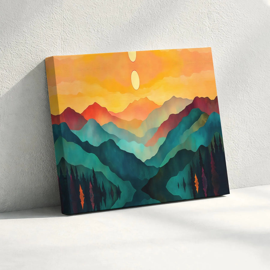Abstract Mountain Landscape Canvas | Two Suns Forest Reflection Art | Premium Fade-Resistant Print | Modern Home & Office Wall Decor