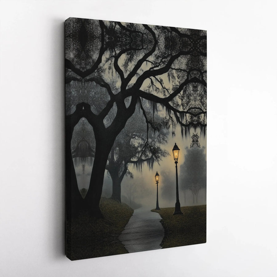 Misty Forest Path Canvas Wall Art | Moody Oak Trees with Spanish Moss | Premium Fade-Resistant Gallery Wrap | Gothic Home Decor Gift