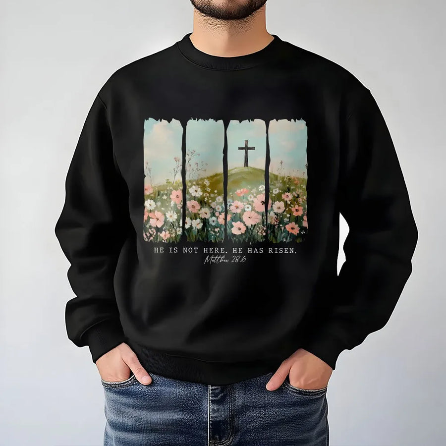 He Is Risen Easter Sweatshirt | Floral Cross Religious Graphic Design | Premium Cotton Blend | Christian Faith Gift for Men and Women