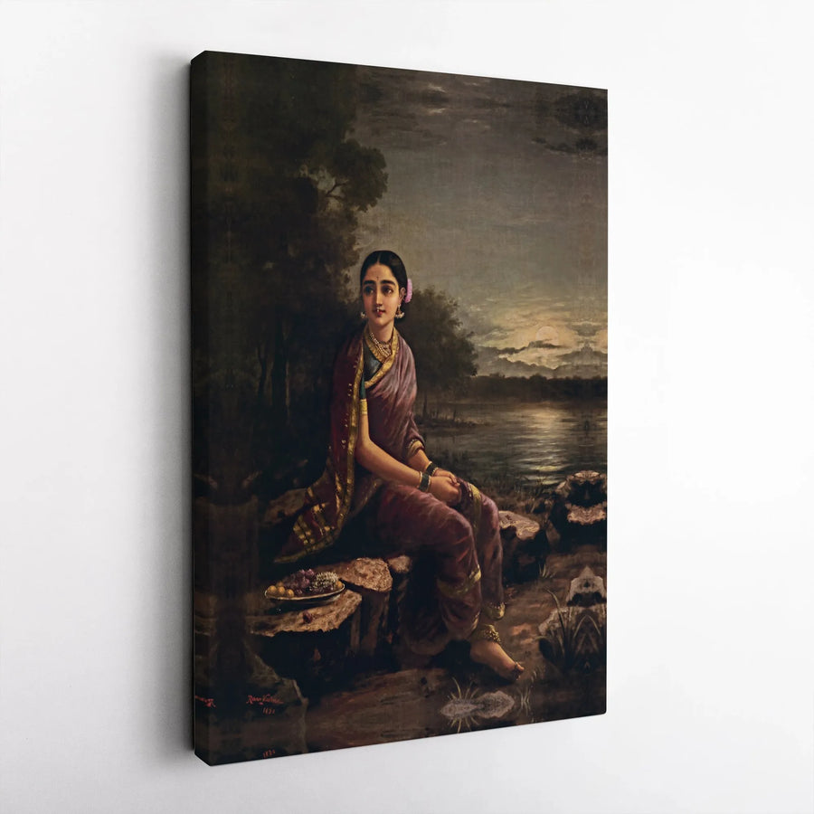 Raja Ravi Varma Radha in the Moonlight Canvas Wall Art | Vintage Hindu Art Print | Premium Gallery Wrapped Canvas | Indian Home Decor Gift