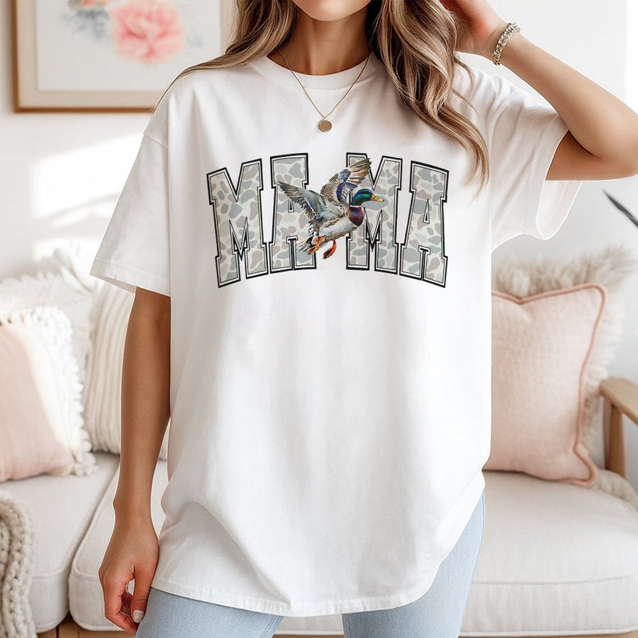 Duck Mama T-Shirt | Camo Print Mallard Design | 100% Cotton Premium Tee | Trendy Hunting Wife Gift for Women