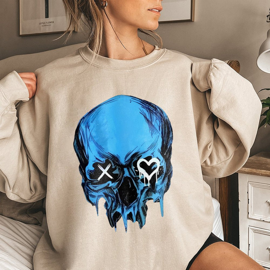 Blue Dripping Skull Sweatshirt | Heart Eye Grunge Graphic | Premium Cotton Blend Crewneck | Dark Romance Book Lover Gift
