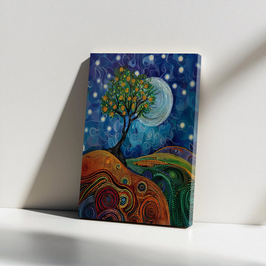 Tree Of Life Canvas Art | Psychedelic Pointillism Night Landscape | Premium Gallery Wrap Print | Whimsical Boho Home Decor Gift