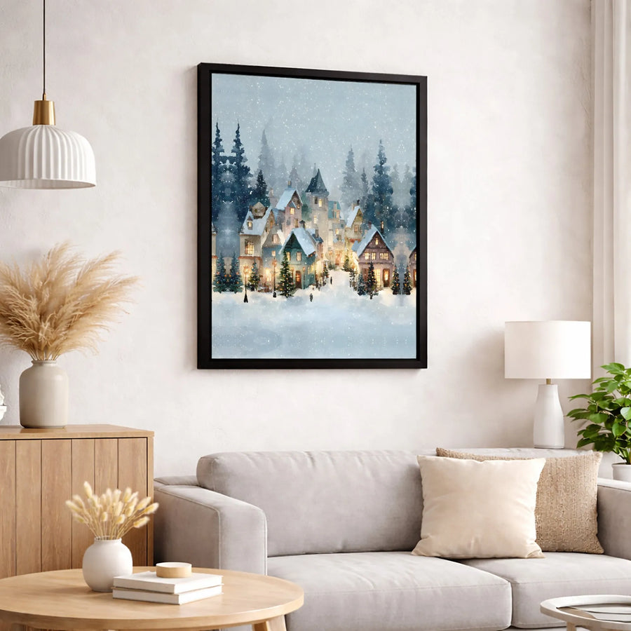 Snowy Christmas Village Canvas Wall Art | Watercolor Winter Wonderland Print | 1.25" Gallery Wrap Decor | Holiday Home Gift For Living Room