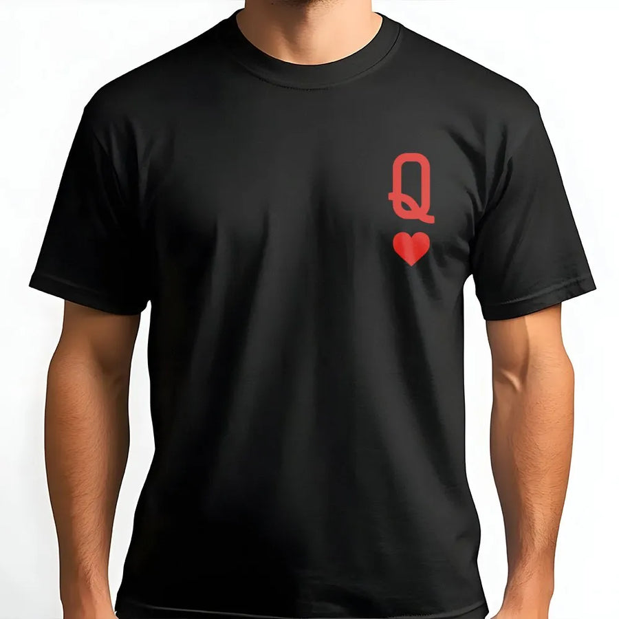 Queen of Hearts Playing Card T-Shirt | Minimalist Left Chest Graphic | Premium Soft Cotton | Matching Couple Gift for Her
