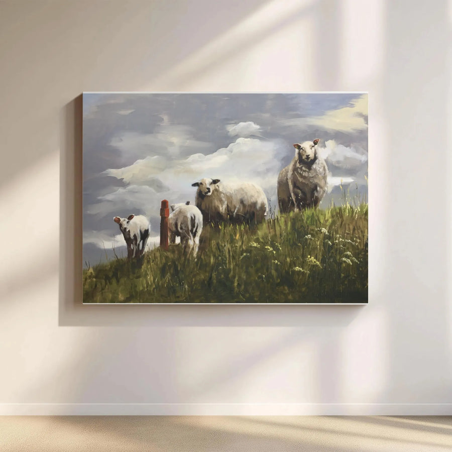 Rustic Sheep Canvas Wall Art | Pastoral Farmhouse Landscape Painting | Premium Gallery Quality Print | Country Home Decor Gift