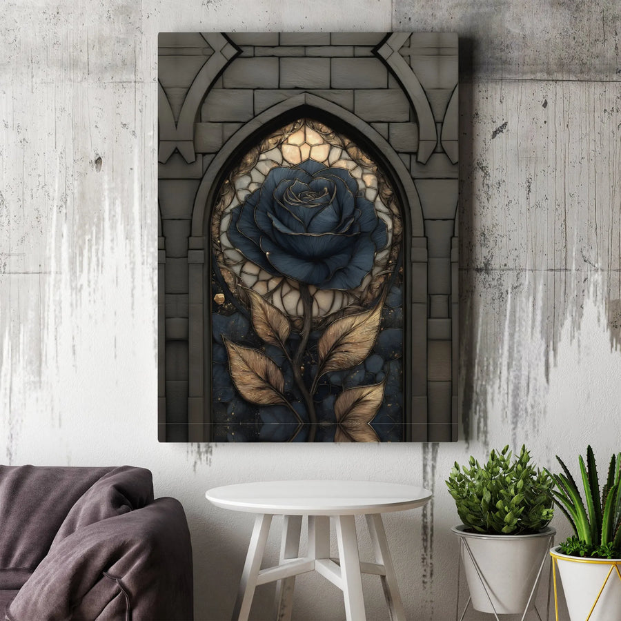 Gothic Blue Rose Canvas Wall Art | Stained Glass Floral Design | Premium Gallery Wrap Wooden Frame | Dark Academia Home Decor Gift