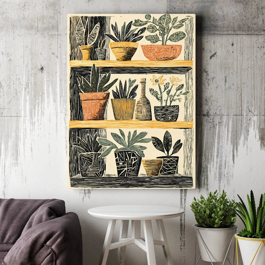 Potted Plants Vertical Canvas | Linocut Style Botanical Art Print | Premium Thick Gallery Wrap | Boho Home Decor Gift for Plant Lover