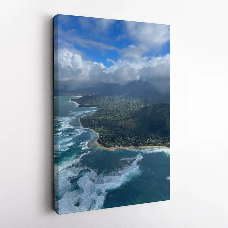 Tropical Island Coastline Canvas Art | Aerial Mountain Ocean Landscape | Premium Gallery Wrapped Wall Decor | Coastal Home Office Gift