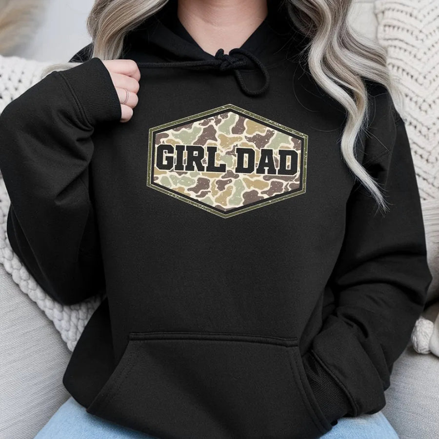 Camo Girl Dad Hoodie | Distressed Hunting Graphic Crewneck | Premium Cotton Blend | Fathers Day Gift for Outdoorsman & Hunter Dad
