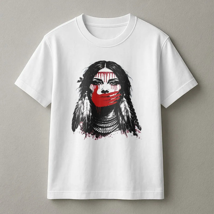 MMIW Awareness T-Shirt | Red Handprint Native Woman Art | Premium Soft Cotton Tee | Missing and Murdered Indigenous Women Support Gift