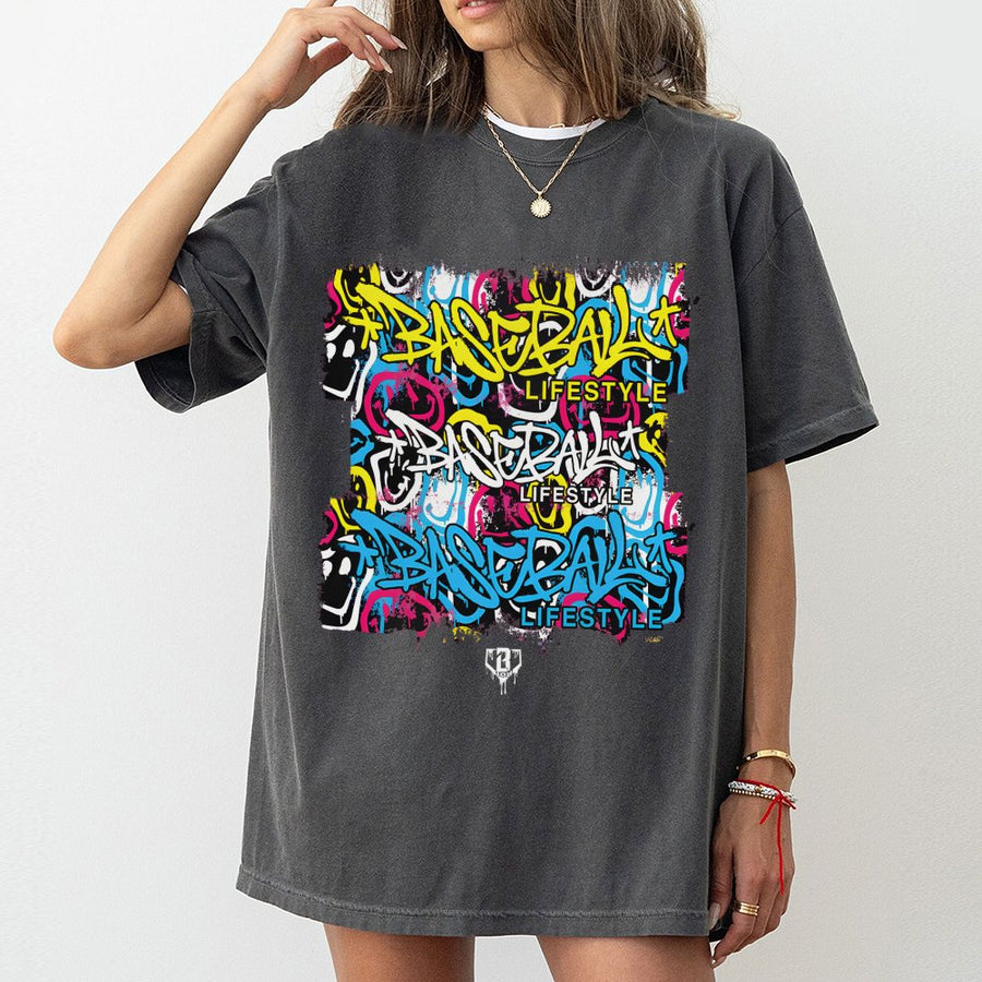 Baseball Lifestyle Graffiti T-Shirt | Streetwear Smiley Graphic Print | 100% Cotton Premium Tee | Unique Baseball Fan Gift for Teens and Adults