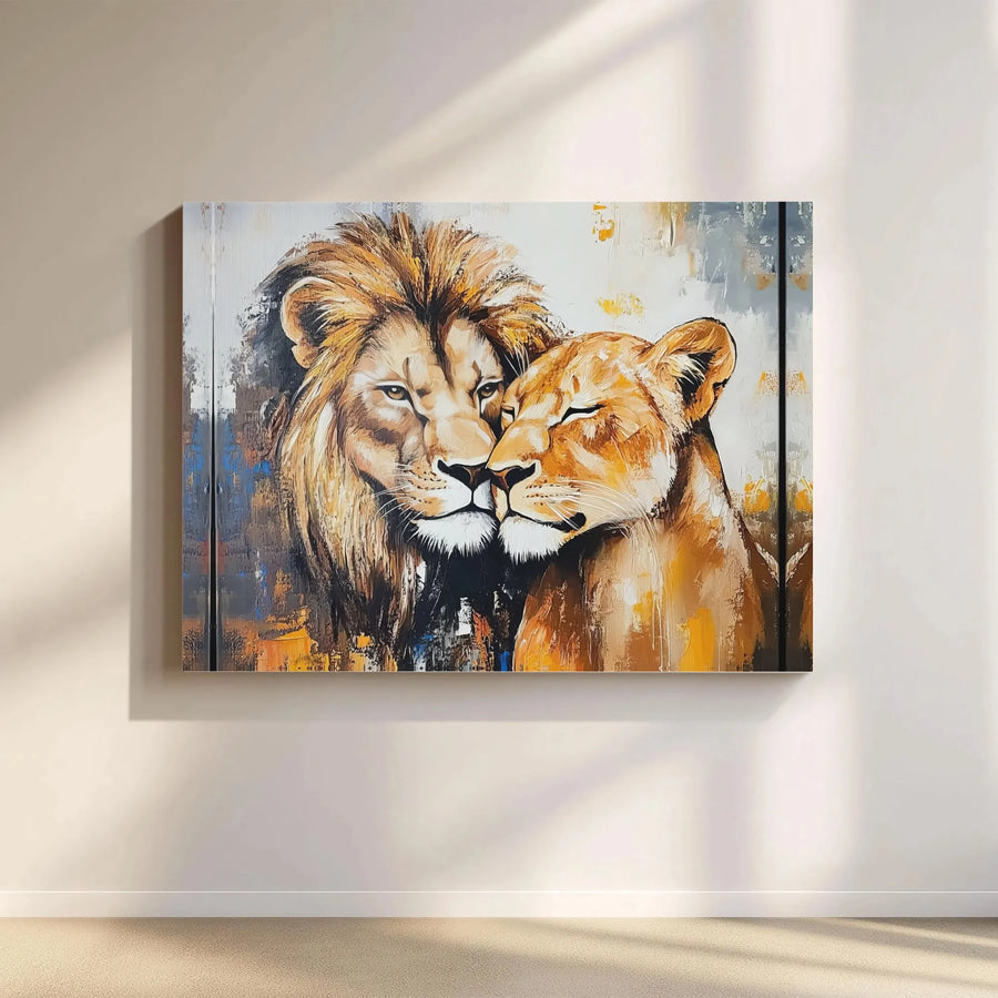 Lion And Lioness Couple Canvas | Abstract Wildlife Portrait | Premium 1.25 Inch Gallery Wrap | Romantic Home Decor Gift For Couples