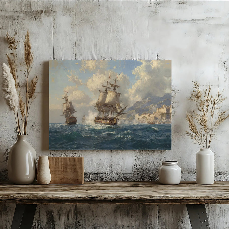 Historical Naval Battle Canvas Wall Art | Tall Ships Sea War Print | Premium Gallery Wrap Wooden Frame | Nautical Home Office Decor Gift