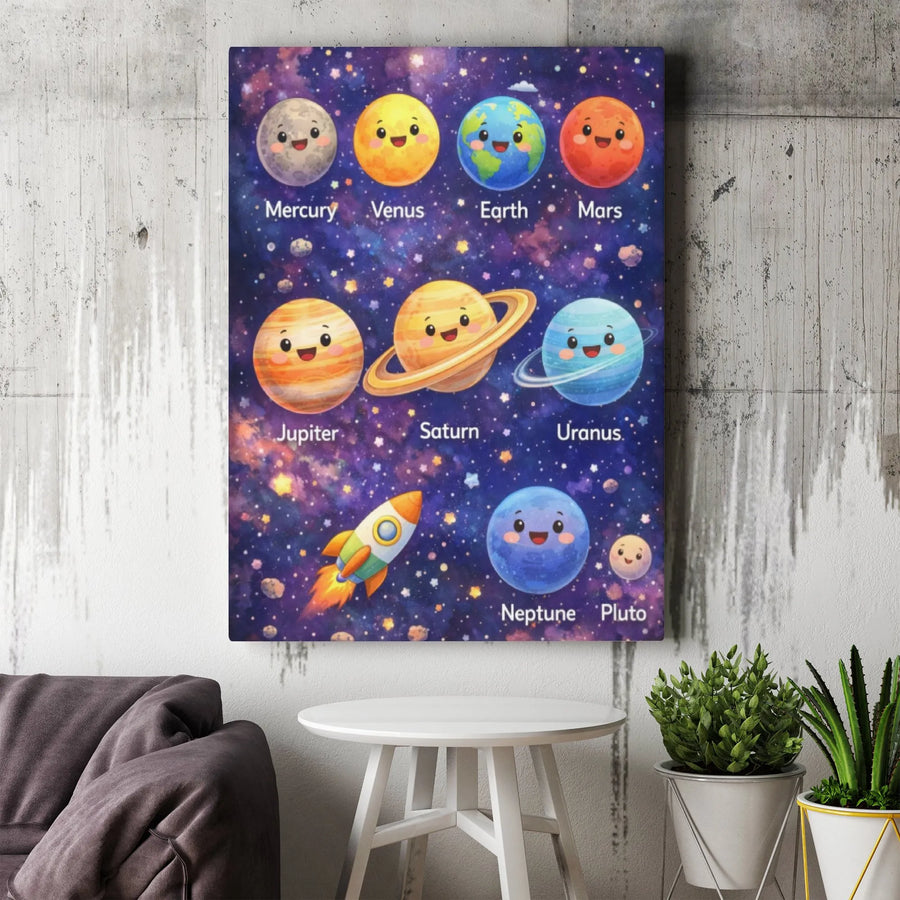 Solar System Planets Canvas Wall Art | Cute Cartoon Galaxy Illustration | Premium Thick Gallery Canvas | Educational Gift for Kids Room or Nursery Decor