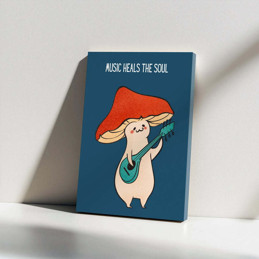 Music Heals The Soul Canvas Wall Art | Cute Mushroom Playing Guitar Illustration | Premium 1.25 Inch Gallery Wrap | Whimsical Music Lover Gift