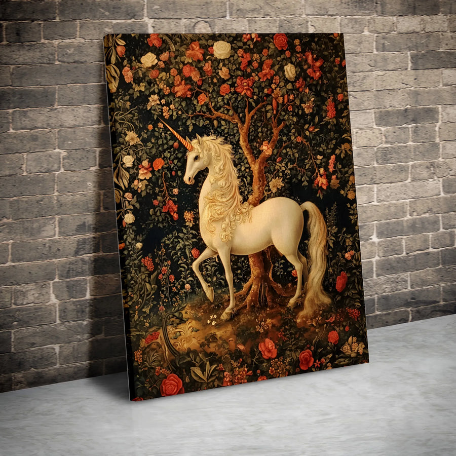 Unicorn Wall Art Print | Medieval Tapestry Inspired Forest Design | Premium Gallery-Wrapped Canvas | Magical Home Decor Gift for Fantasy Lovers