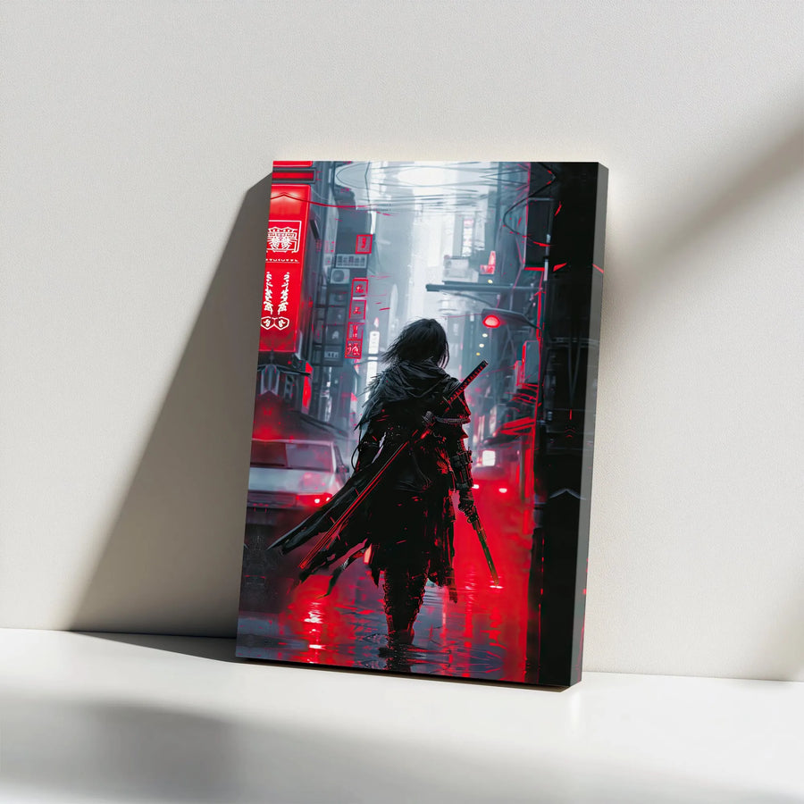 Cyberpunk Samurai Wall Art | Neon Red Rain Cityscape Canvas Print | Premium 1.25 Inch Gallery Wrap | Futuristic Decor for Gaming Room
