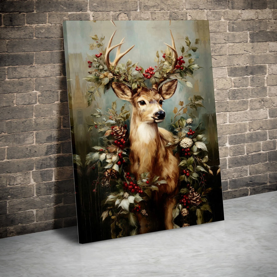 Christmas Deer Canvas Wall Art | Festive Woodland Animal with Berries | Premium 1.25 Inch Gallery Wrap | Holiday Home Decor Gift