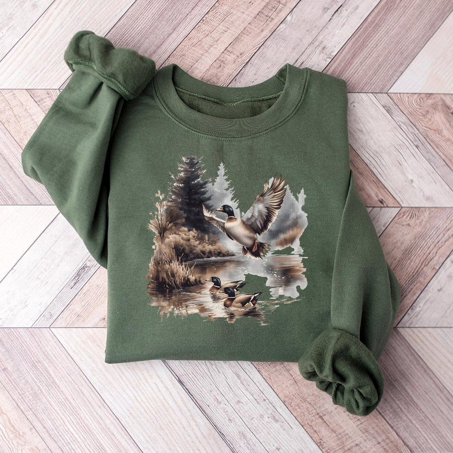 Mallard Duck Sweatshirt | Vintage Wildlife Forest Pond Scene | Premium Cotton Blend | Gift for Bird Watcher and Nature Lover